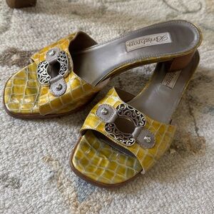 Brighton Yellow CrocEmbossed  Sandals 7.5 M Made in Italy Silver Scroll Hardware